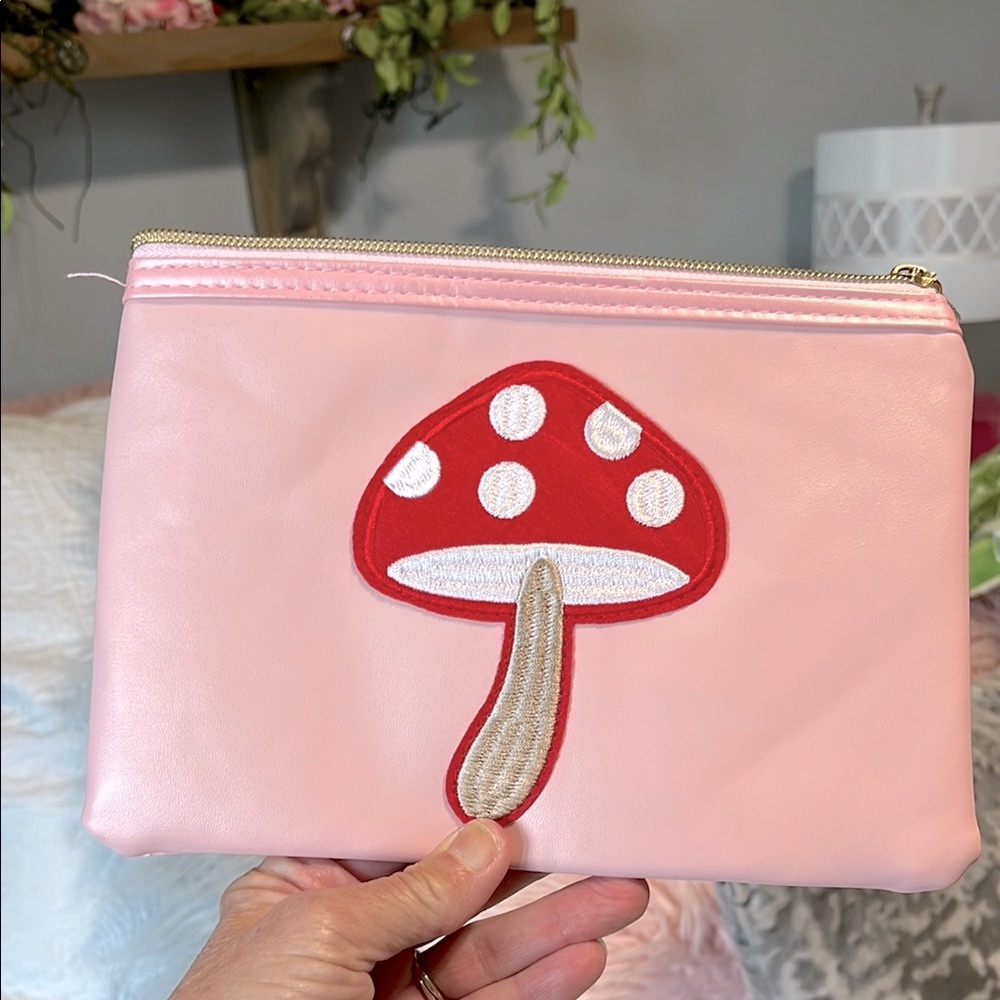 Whimsical Pink Pouch with Red Mushroom Patch